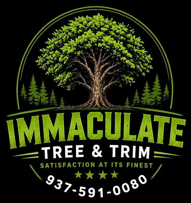 Immaculate Tree & Trim badge — a green oak tree in a circular crest above the business name and phone number.